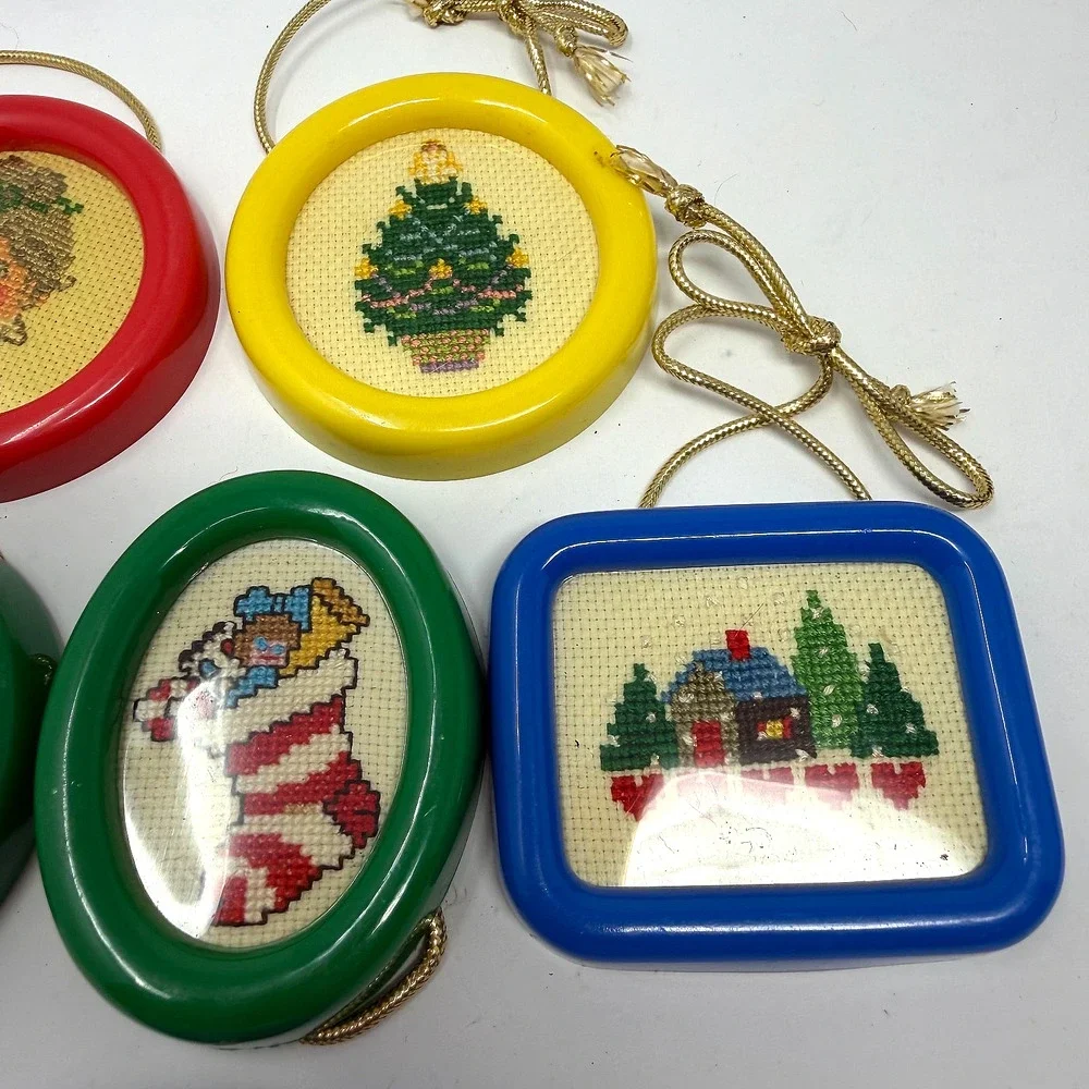 Lot of 6 Vintage Handmade Cross Stitch Christmas Ornaments Plastic Frames
